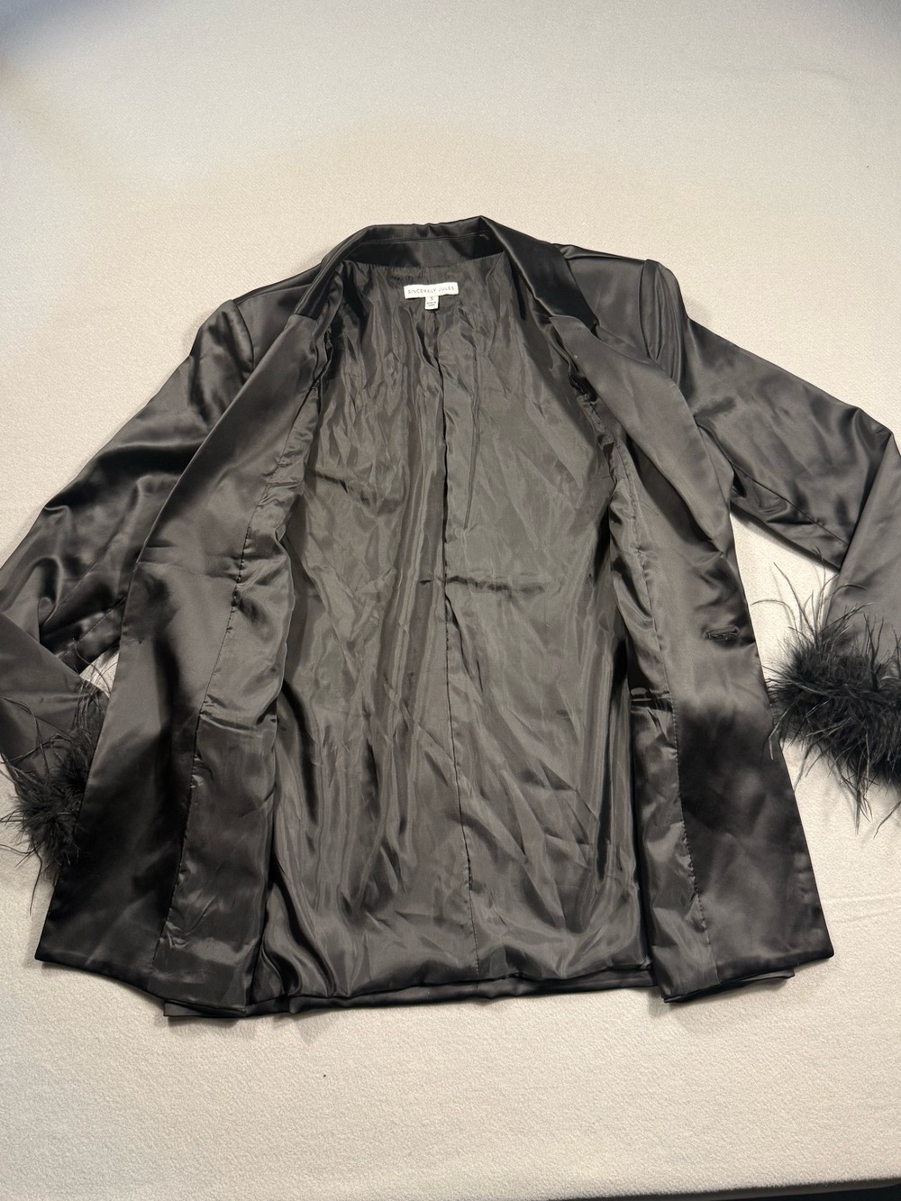 Sincerly Jules Small Black Satin Blazer Feather Cuffs Holiday New Years Party - Picture 7 of 10